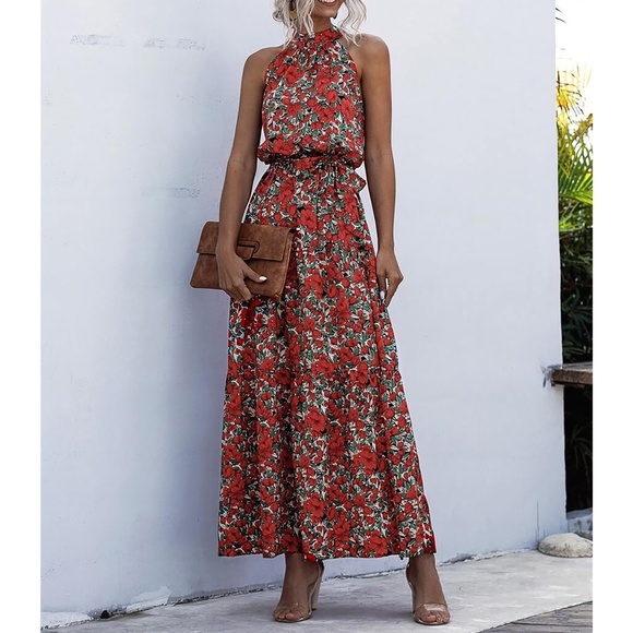 Red Green Floral Ruffle Hem Belted Halter Maxi Dress - Picture 3 of 8